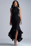 Nero Ruffles Mermaid Halter Neck Abito di Gala lungo con fessura