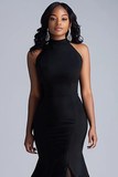 Nero Ruffles Mermaid Halter Neck Abito di Gala lungo con fessura
