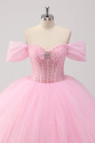 Principessa Rosa Ball Gown Off la Spalla Perline Tulle Quinceanera Dress