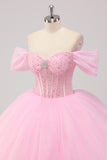 Principessa Rosa Ball Gown Off la Spalla Perline Tulle Quinceanera Dress