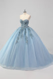Principessa grigio blu senza spalline tulle Quinceanera Dress con applicazioni