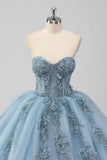 Principessa grigio blu senza spalline tulle Quinceanera Dress con applicazioni