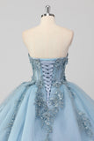 Principessa grigio blu senza spalline tulle Quinceanera Dress con applicazioni