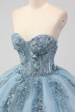 Principessa grigio blu senza spalline tulle Quinceanera Dress con applicazioni
