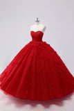 Scintillante Red Ball Gown senza spalline Tulle Quinceanera Dress con applicazioni floreali