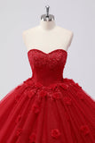 Scintillante Red Ball Gown senza spalline Tulle Quinceanera Dress con applicazioni floreali