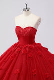 Scintillante Red Ball Gown senza spalline Tulle Quinceanera Dress con applicazioni floreali
