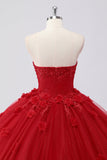 Scintillante Red Ball Gown senza spalline Tulle Quinceanera Dress con applicazioni floreali