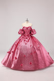 Principessa Fucsia Ball Gown Off la Spalla Maniche a Sbuffo Quinceanera Abito con Fiori 3D