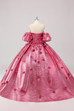 Principessa Fucsia Ball Gown Off la Spalla Maniche a Sbuffo Quinceanera Abito con Fiori 3D