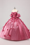 Principessa Fucsia Ball Gown Off la Spalla Maniche a Sbuffo Quinceanera Abito con Fiori 3D