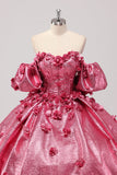 Principessa Fucsia Ball Gown Off la Spalla Maniche a Sbuffo Quinceanera Abito con Fiori 3D