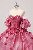 Principessa Fucsia Ball Gown Off la Spalla Maniche a Sbuffo Quinceanera Abito con Fiori 3D