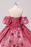 Principessa Fucsia Ball Gown Off la Spalla Maniche a Sbuffo Quinceanera Abito con Fiori 3D