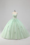 Principessa Abito da ballo verde Spaghetti Straps Tulle Quinceanera Dress con appliques floreali 3D