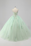Principessa Abito da ballo verde Spaghetti Straps Tulle Quinceanera Dress con appliques floreali 3D