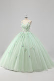 Principessa Abito da ballo verde Spaghetti Straps Tulle Quinceanera Dress con appliques floreali 3D