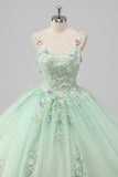 Principessa Abito da ballo verde Spaghetti Straps Tulle Quinceanera Dress con appliques floreali 3D