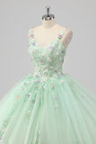 Principessa Abito da ballo verde Spaghetti Straps Tulle Quinceanera Dress con appliques floreali 3D