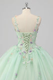 Principessa Abito da ballo verde Spaghetti Straps Tulle Quinceanera Dress con appliques floreali 3D