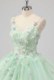 Principessa Abito da ballo verde Spaghetti Straps Tulle Quinceanera Dress con appliques floreali 3D