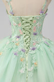 Principessa Abito da ballo verde Spaghetti Straps Tulle Quinceanera Dress con appliques floreali 3D