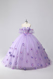 Scintillante Lilla Ball Gown Off the Shoulder Maniche a sbuffo Tulle Quinceanera Dress con fiori 3D