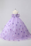 Scintillante Lilla Ball Gown Off the Shoulder Maniche a sbuffo Tulle Quinceanera Dress con fiori 3D