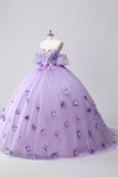 Scintillante Lilla Ball Gown Off the Shoulder Maniche a sbuffo Tulle Quinceanera Dress con fiori 3D