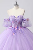 Scintillante Lilla Ball Gown Off the Shoulder Maniche a sbuffo Tulle Quinceanera Dress con fiori 3D