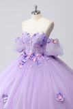 Scintillante Lilla Ball Gown Off the Shoulder Maniche a sbuffo Tulle Quinceanera Dress con fiori 3D