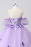 Scintillante Lilla Ball Gown Off the Shoulder Maniche a sbuffo Tulle Quinceanera Dress con fiori 3D