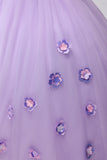 Scintillante Lilla Ball Gown Off the Shoulder Maniche a sbuffo Tulle Quinceanera Dress con fiori 3D
