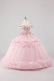 Principessa Blush Ball Gown Cold Spalla Increspature Tulle Abito Quinceanera con ricamo di paillettes