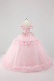 Principessa Blush Ball Gown Cold Spalla Increspature Tulle Abito Quinceanera con ricamo di paillettes