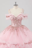 Principessa Blush Ball Gown Cold Spalla Increspature Tulle Abito Quinceanera con ricamo di paillettes