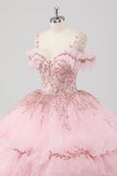 Principessa Blush Ball Gown Cold Spalla Increspature Tulle Abito Quinceanera con ricamo di paillettes