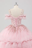 Principessa Blush Ball Gown Cold Spalla Increspature Tulle Abito Quinceanera con ricamo di paillettes
