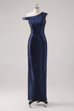 Abito formale monospalla con perline a guaina blu navy