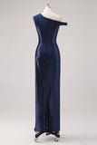 Abito formale monospalla con perline a guaina blu navy