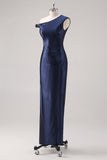 Abito formale monospalla con perline a guaina blu navy