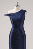 Abito formale monospalla con perline a guaina blu navy