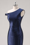 Abito formale monospalla con perline a guaina blu navy