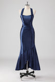 Navy Halter Beaded Mermaid Ruffles Abito Lungo Formale
