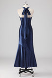 Navy Halter Beaded Mermaid Ruffles Abito Lungo Formale