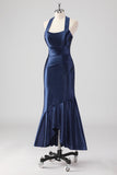 Navy Halter Beaded Mermaid Ruffles Abito Lungo Formale