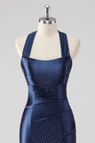 Navy Halter Beaded Mermaid Ruffles Abito Lungo Formale