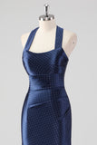 Navy Halter Beaded Mermaid Ruffles Abito Lungo Formale