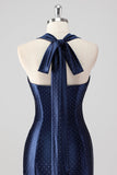 Navy Halter Beaded Mermaid Ruffles Abito Lungo Formale