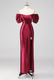 Scintillante Borgogna Off The Shoulder Abito formale con fessura